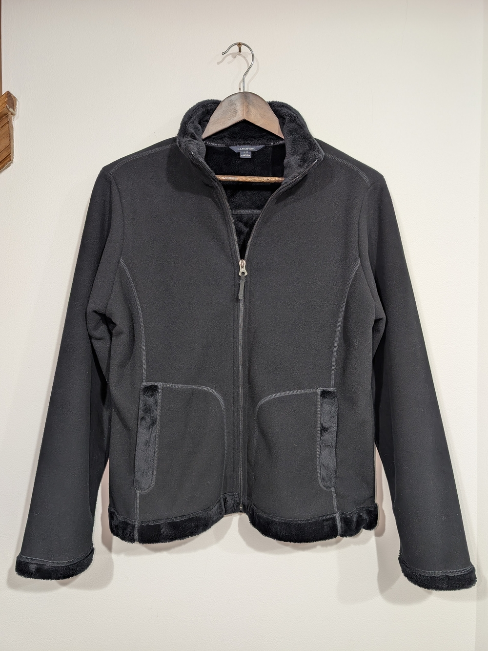 Lands' End Black Zip-Front Fleece Jacket Faux-Fur Trim Lining Women's MD 10/12